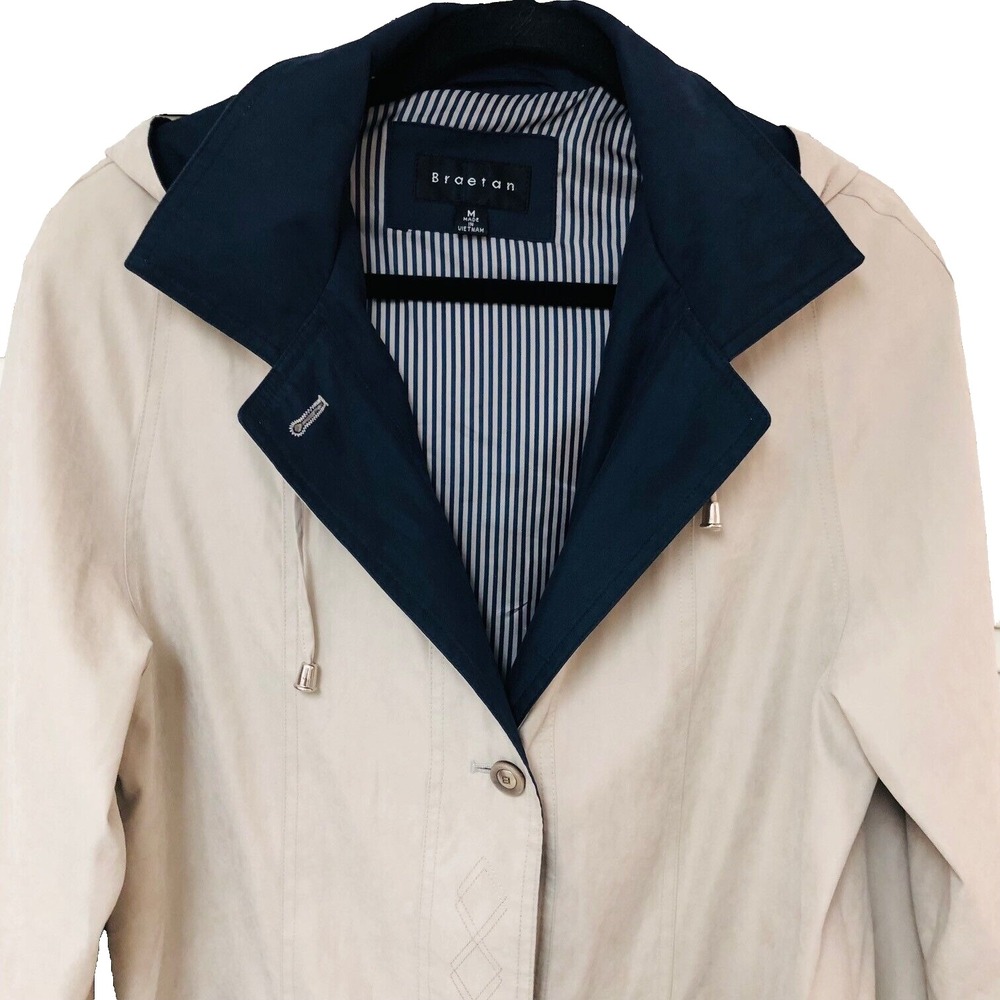 Braetan Womens Hooded Jacket Tan Navy Lined Rain Wind Utility‎ Lightweight M